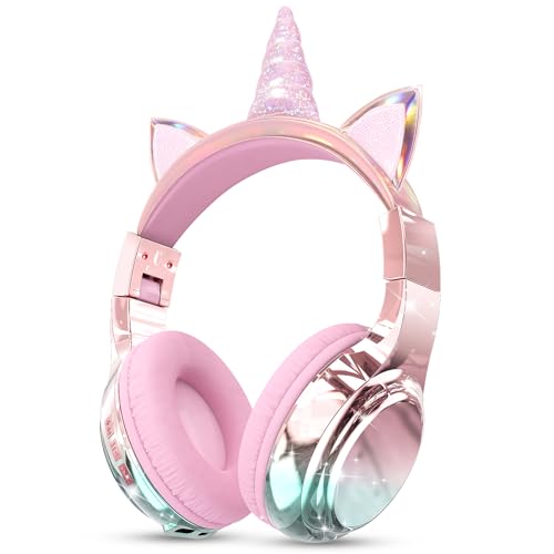 QearFun Kids Unicorn Bluetooth Headphones 60H Playtime 74/85/94dB Safe Volume Limit Metallic Gradient Wireless Headset with Mic Fast Charging Foldable Wired Mode for Girls School/Tablet/Travel