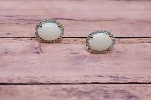 14K Yellow Gold Genuine Opal 1-1/2 Ct with Diamond Halo Stud Earrings2