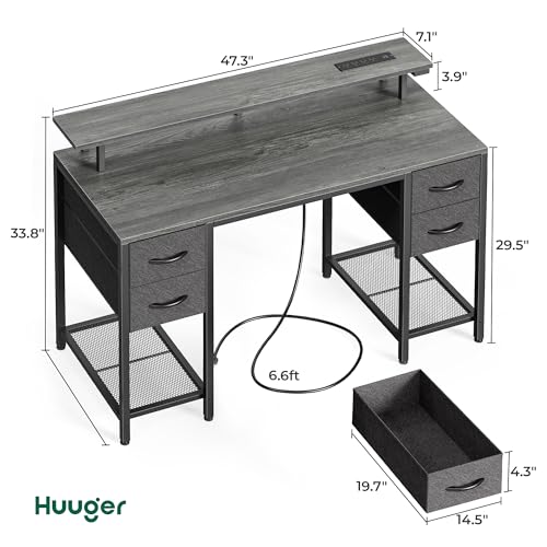Image of Huuger 47 inch Computer Desk with 4 Drawers, Gaming Desk with LED Lights & Power Outlets, Home Office Desk with Large Storage Space for Bedroom, Work from Home, Grey