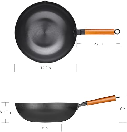 Sartén para wok de acero al carbono natural de 125 pulgadas con tapa sin revestimiento antiadherente y sartenes olla de hierro chino tradicional 100