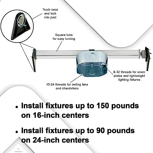 Ciata Ceiling Fan Mounting Bracket, Heavy Duty Metal Mounting Saf-T-Brace with Locking Teeth, 3 Teeth for Lock into Joist, Twist and Lock with 1-1/2 Inch Ceiling Fan Box Mount, Light Electrical Box