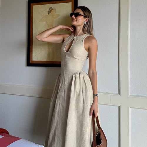 Women's Side Pleated Sleeveless Medium Length Linen Single Button Tight Corset Hollowed Out MIDI Dress4