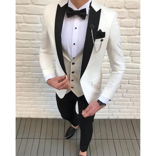 Men 3 Pieces Blazers Pants Vest Slim Fit Leisure Groomsmen White Lapel Business Wedding Tuxedo2