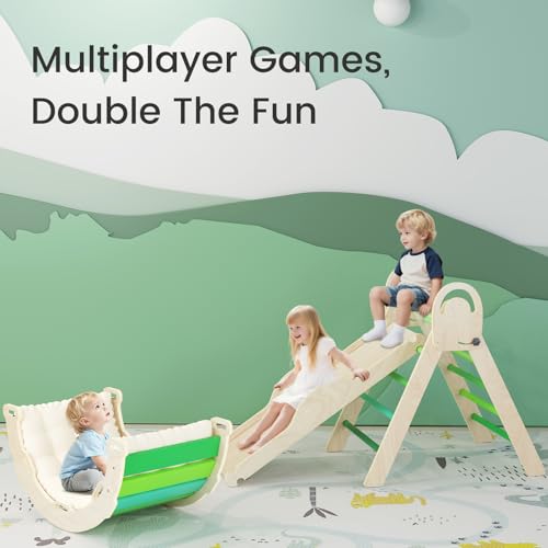 Image of Pikler Triangle Set, Baby Climbing Playset Toys Indoor, Jungle Gyms for Toddlers Ages 1-4, Toddler Climbing Playground with Cushion & Toy Car