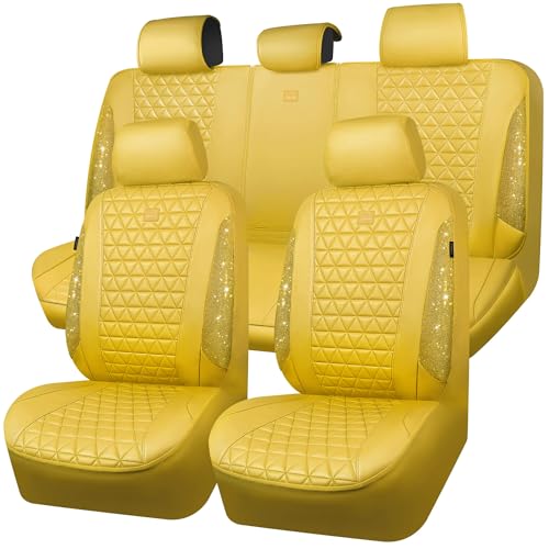 CAR PASS Yellow Bling Diamond Leather Car Seat Cover Full Sets,Waterproof Shining Glitter Sparkly Crystal Universal Fit for Automotive Truck SUV Cute Women Girl Airbag Compatable,All Yellow Rhinestone