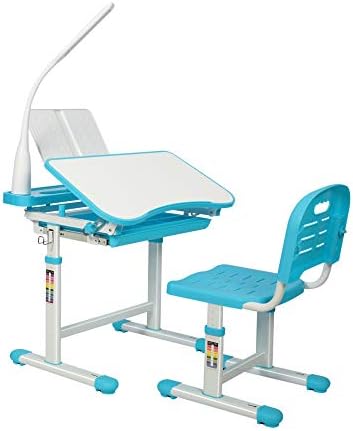 Gowxil Kids Functional Desk and Chair Set, Height Adjustable Children School Study Desk with Tilt Desktop, Bookstand, LED Light, Metal Hook and Storage Drawer for Boys Girls