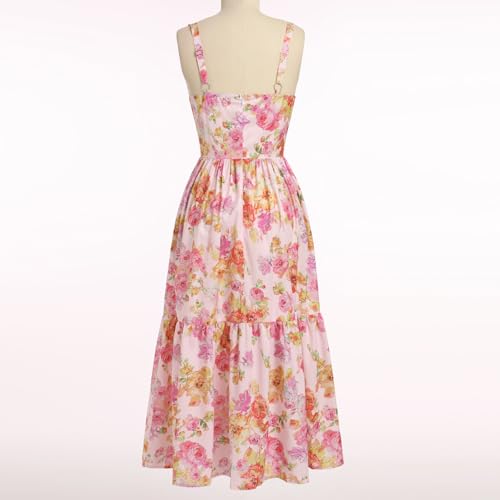 Abehik Corset Sundress For Women 2024 With Chest Pads Floral Bustier Flowy Midi Dress With Pockets Spaghetti Strap Casual Low Cut Summer Wedding Guest Cocktail Homecoming Party Dresses Orange M thumb #1