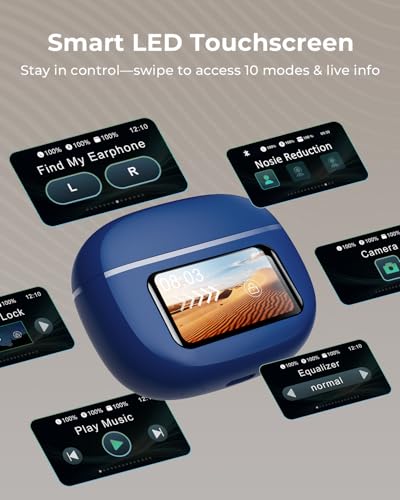 Image of Wireless Earbuds with Smart Touchscreen Case, Bluetooth 6.0 Ear Buds with AI Noise Cancelling Calls, 40H Playtime Stereo Headphones, IPX7 Waterproof Earbuds for Workout, Travel,iPhone,Android,DeepBlue