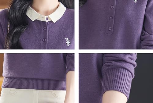 Womens Polo Neck Layered Look Sweater Button up 2 in 1 Knit Pullover Tops4