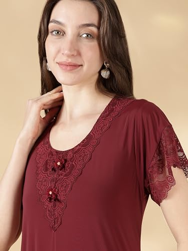 Image of 9shines Label Stylish Soft Modal Maxi Nighty | Honeymoon Nighty | Full Length Trendy Nightgown | V-Neck Lace | Premium Nightdress | Soft Long Nightdress | Maxi Gown Nightwear for Women (Malai Satin)