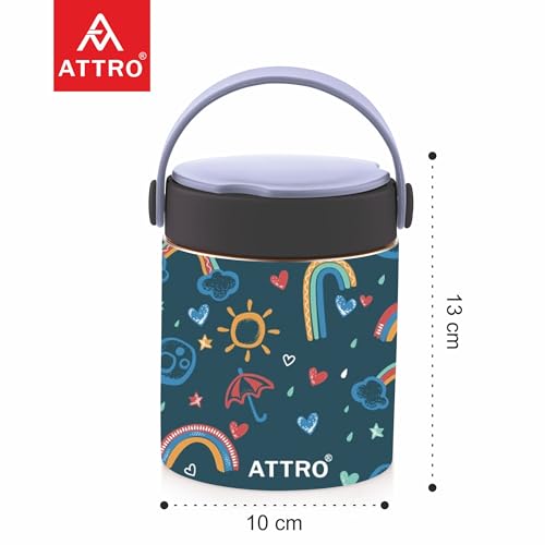 Image of ATTRO Happy Go Vacuum Insulated ISI Certified Stainless Steel Soup Jar 500ml, Leakproof & BPA-Free for Kids & Adults, Long Temperature Retention,Ideal for School, Office & Travel-Rainbow Magic Blue