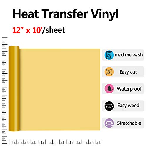 Image of RENLITONG Gold HTV Iron on Vinyl 12Inch by 10ft Roll Heat Transfer Vinyl for T-Shirt HTV Rolls for All Cutter Machine - Easy to Cut & Weed for Heat Transfer Design