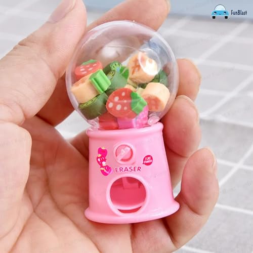 Image of FunBlast Machine Eraser Set - 15 Pcs Fruit Shaped Eraser Dispenser Toy, Mini Kawaii Erasers for Kids, Fancy Erasers for School & Office, Stationery Supplies, Birthday Return Gift for Kids (Pink)