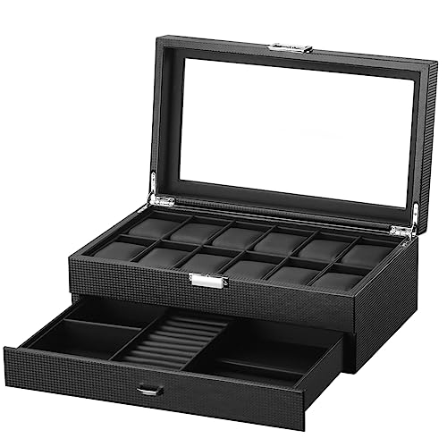 DRAIGERWAY Uhrenbox mit 2 Ebenen,Uhrenbox Schmuck Uhr Aufbewahrungsbox mit Glasdeckel, Uhrenkasten schmuckkästchen Uhrenkoffer 12 Fächer und 1 Schublade für Uhren, Ringe, Armbänder (Kohlefaser-W60B)