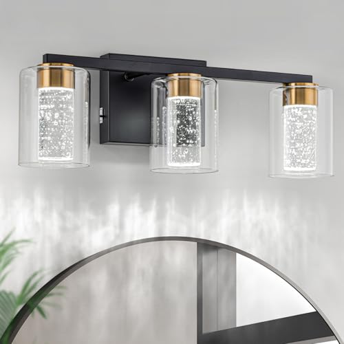 SineRise 3-Light Black and Gold Vanity Light with 3 Color Modes (3000K/4000K/6000K), Eye Protection LED Bathroom Light Fixture, Dimmable Modern Wall Light Over Mirror with Clear Glass Shade