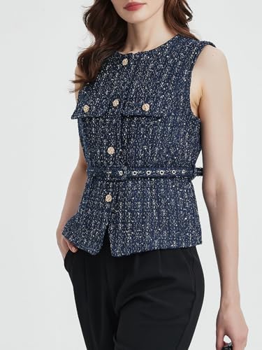 LifeShe Women Tweed Blazer Vest Button Down Sleeveless Elegant Blazers Jackets Business Office Waistcoat With Belt3