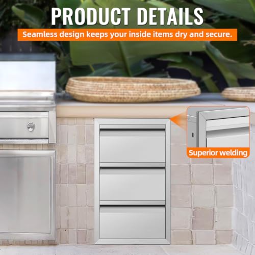Image of 15 inch W x 26 inch H x 22 inch D Inch Outdoor Kitchen Stainless Steel Triple Access Drawers with Paper Towel Holder Combo for Outdoor Kitchen Island or Grill Station