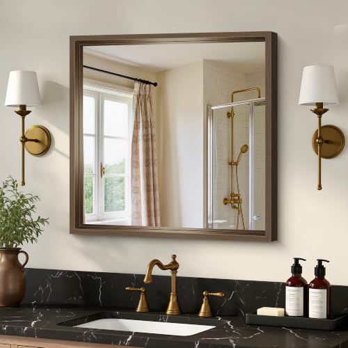 Image of Bathroom Mirror, 24 x 24 inch Walnut Wood Grain Colored Aluminum Metal Frame Bathroom Vanity Mirror, Square Wall Mirror for Bedroom Living Room, Tempered Glass, Anti-Rust
