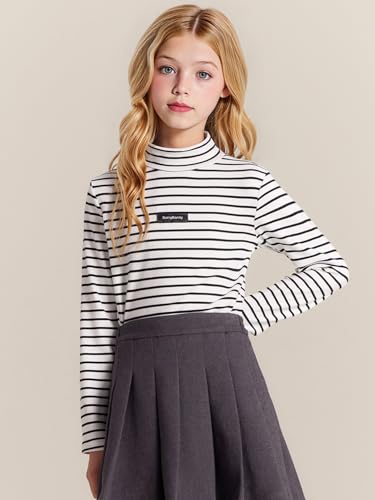 Girls Black & White Striped Long Sleeve Shirt - Mid-Crew Neck Cotton Top for Girls, Classic Breathable Shirt 6-16Y2