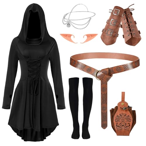 Costume médiéval de la Renaissance pour femme avec robe d'elfe verte et accessoires cosplay