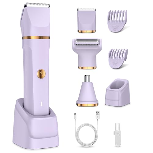 Cortapelos para mujer, para zona íntima, 3 en 1, color morado, para zona del bikini, piernas y cuerpo, IPX7, resistente al agua con afeitado en húmedo y seco, 3 cabezales y precisión, recargable, sin