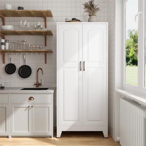 Image of COFaR 71 inch White Arched Pantry Cabinet with Doors and 5-Tier Storage
