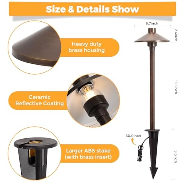 Gardencoin Solid Brass Low Voltage Pathway Lights (6.7'' Shade, 21.9'' Tall), 12V AC/DC Heavy Duty LED Landscape Path Lights Outdoor Wired, Antique Bronze Walkway Lights with Larger Stake, 12-Pack