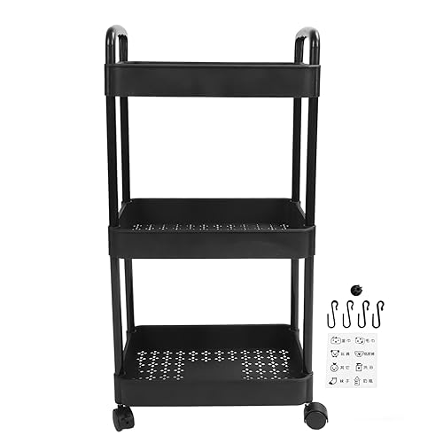 HEEPDD Carrito de almacenamiento móvil de plástico negro, gran capacidad, carro multiusos fácil de instalar para cocina, dormitorio, salón, organizador móvil de 3 niveles
