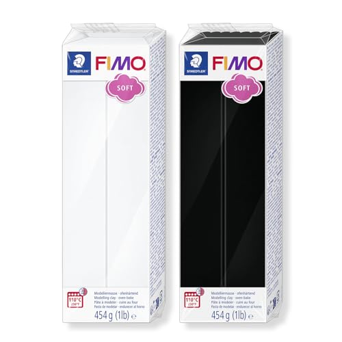 Set de pâte à Modeler FIMO Noir & Blanc – Pâte à Modeler Souple durcissant au Four pour débutants – 2 Grands Blocs de 454 g avec divisions en 8 portions – Polyvalente pour Bijoux, Accessoires et déco