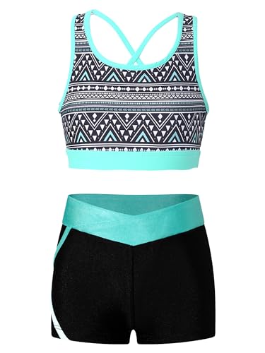 TTAO Kids Girls Swimming Costume Rash Guard Surfing Outfit Printed Sports Bra with Athletic Shorts Clothes Set Geometric Black 16 Years