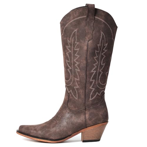 Image of Women's Pointed Toe Mid Calf Cowboy Boots - Cowgirl Boots with Chunky Heel