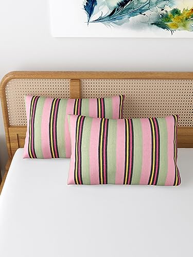 Image of Varde 180 TC Pillow Cover Set of 2 | Pillow Cover Cotton 100% | Pillow Cover Set of 2 King Size | Wrinkle Free & Fade Resistance | Striped Pattern | Standard Size | All Season Use (Pink & Olive)