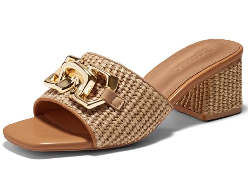 Coutgo Womens Raffia Slide Sandals Chunky Block Heeled Square Open Toe Metal Chain Slip on Mules Dressy Shoes, Brown, size 9.5