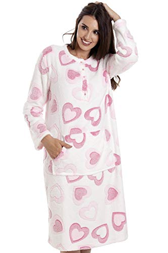 Camille Women's Super Soft Fleece Lounger- Pink and White Heart Button Bathrobe - Long Sleeved and Centre Front Pocket for Ultimate Comfort & Warmth 14-16