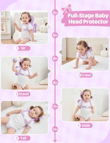 Image of JunNeng Baby Head Protector Backpack for Walking Crawling, Purple Butterfly | Soft, Breathable, Adjustable, Baby Fall Back Head Protector for Falling