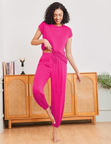 Image of Ekouaer Pajamas for women 2 Piece Lounge Set Cap Sleeve Sleepwear Joggers Pants Pjs with Pockets S-XXL