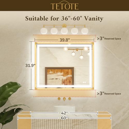 TETOTE 40 x 32 Led Mirror Brushed Bright Nickel Metal Frame Frontlit & Backlit Vanity Mirror Anti-Fog Stepless Dimmable 3 Colors White/Warm/Natural Wall Mirror with Lights Wall-Mounted