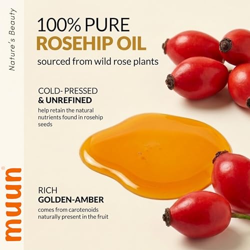 Image of Muun Organic Rosehip Oil for Face - Cold Pressed Pure Rosehip Seed Oil for Facial Skincare, Hair & Body, Hydrating Moisturizing Care, 100% Natural