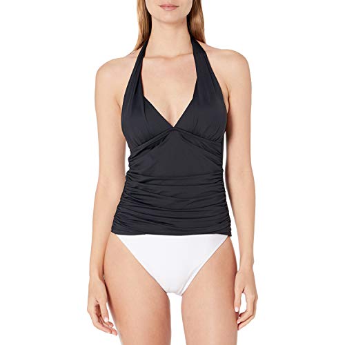 La Blanca Women's Island Goddess Rouched Front Halter Tankini Swimsuit Top, Black, 10
