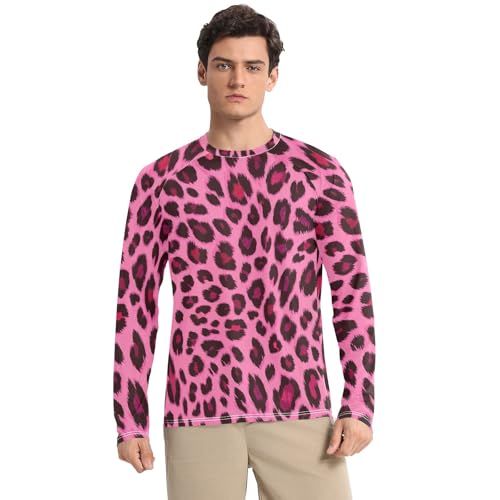 Red Pink Leopard Print Sun Shirts UPF 50+ Sun Protection Long Sleeve Men Rash Guard Quick Dry Swim Shirts, Medium
