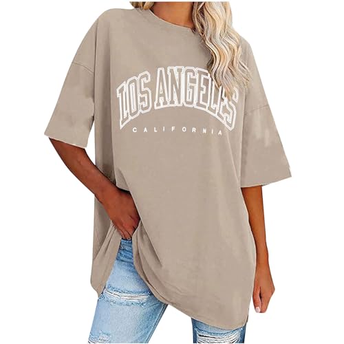 UHouse Tshirt Damen Elegant T Shirt Casual Longshirt Mode Motiv Bekleidung Los Angeles Oberteile Sommer Bluse Oberteile Frau Lockere Top Baumwolle Tee Shirts Blusen Khaki S