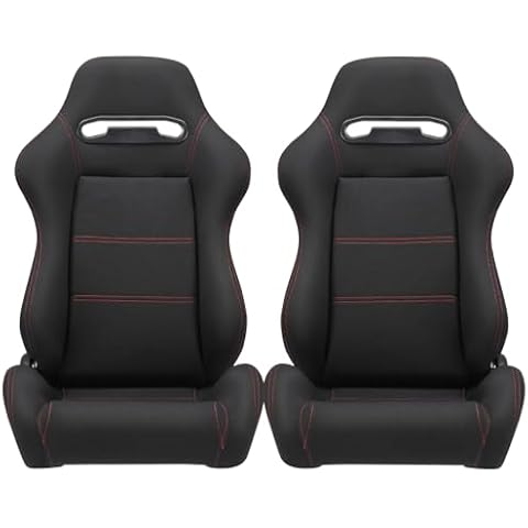 AutoForever 2pcs Universal Reclinable Racing Seats Black with Red Stich,With seat slide(Left Right) Cover