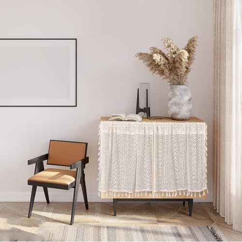 Visillo de lino y algodón beige premium con encaje rústico elegante 5