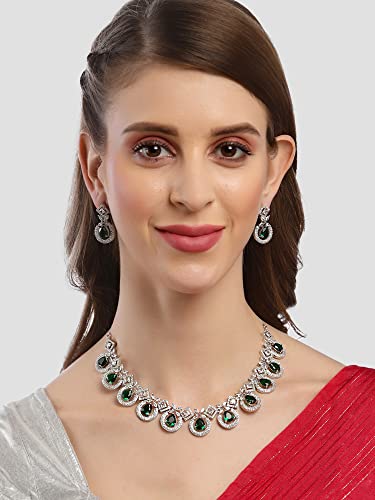 Image of Karatcart Silver Tone Green American Diamond Studded Necklace Set for Women