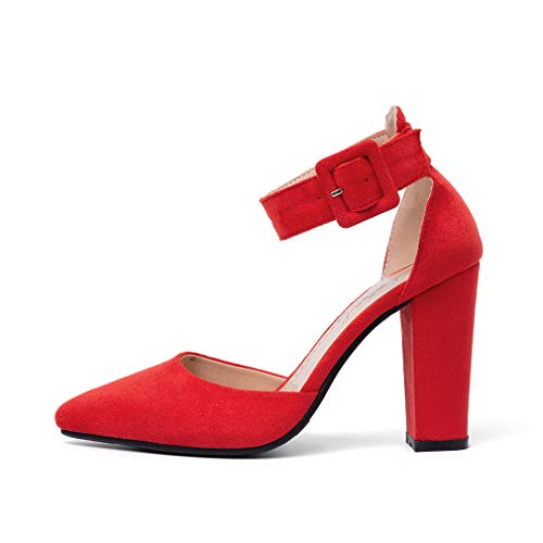Huntarry Women Chunky Block High Heels Closed Pointed Toe Pumps Ankle Strap Suede Sandals #TOP4