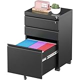Greenvelly 3 Drawer Mobile File Cabinet with Lock, Metal Filing Cabinet on Wheels, Under Desk File Cabinet for Home Office Organizer Letter/Legal/A4 File (Assembly Required, Black)