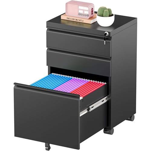 Image of Greenvelly 3 Drawer Mobile File Cabinet with Lock, Metal Filing Cabinet on Wheels, Under Desk File Cabinet for Home Office Organizer Letter/Legal/A4 File (Assembly Required, Black)