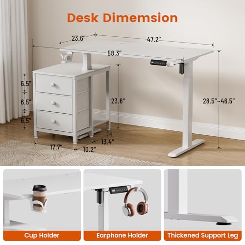 Image of REAHOME Electric Standing Desk with Drawers, 47 x 24 Inches Height Adjustable Sit Stand Desk with Storage, 3 Memory Preset Home Office Computer Table, Printer Cabinet, 2 Hooks, Cable Management, White