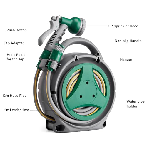 Image of Garden Hose Reel 14M, Compact & Portable Hose Pipe Reel with 7 Adjustable Spray Gun Nozzles, Manual Retractable Garden Water Hose Reel,Outdoor Flexible Hose Reel Set for Garden Patios and Balconies
