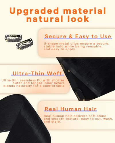 Image of Full Shine Seamless Clip in Hair Extensions Real Human Hair,Black 18 Inch | Invisible PU Weft, Nature Black Remy Hair Extension Clip ins, Full Voluminous Long Hair, 120g 8Pcs